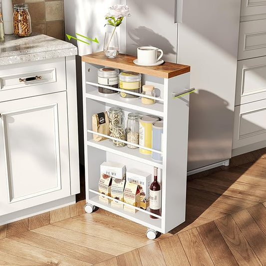 LITTLE TREE 4 Tier Rolling Cart with Wheels, 6.3 Inch Slim Storage Cart, Wooden Snack Cart with Narrow Shelf, White Laundry Room and Bathroom Organizer Shelves