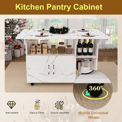 Multi-Functional Folding Dining Table Kitchen Island with Storage Shelves and Wheels, Space Saving Dining Tables Compact Desk for Dining Room, Kitchen, Dorm, Office (White)