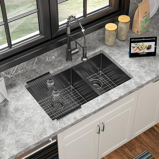 Sarlai 33 Black Kitchen Sink - 33 inch Undermount Kitchen Sink Double Bowl Gunmetal Black 16 Gauge Stainless Steel Double Sinks 60/40 Undermount Basin