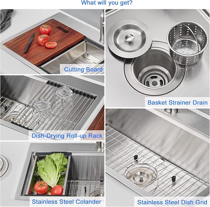 MENATT 32 Inch Drop In Kitchen Workstation Sink, 18 Gauge Stainless Steel Single Bowl Single Faucet Hole Topmount Kitchen Sink with Integrated Ledge (Bruhsed),32"x18"x9"