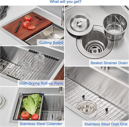 MENATT 32 Inch Drop In Kitchen Workstation Sink, 18 Gauge Stainless Steel Single Bowl Single Faucet Hole Topmount Kitchen Sink with Integrated Ledge (Bruhsed),32"x18"x9"
