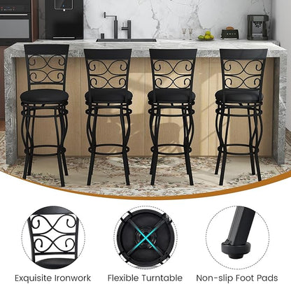 WATERJOY Retro Bar Chairs Set of 4, 360 Degree Swivel Padded Bar Stools Leather Seat Bistro Dining Kitchen Pub Metal Chairs