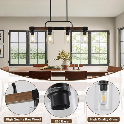 Farmhouse Dining Room Light Fixtures Over Table，Rustic Ceiling Pendant Lights Kitchen Island，4-Light Wood Kitchen Island Lighting Linear Chandelier with Clear Glass lampshade