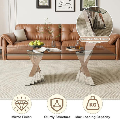 Glass Coffee Table, 51" Center Table with Tempered Glass Tabletop and Mirror Finish Stainless Steel Legs, Modern Rectangular Tea Table for Living Room, Office, Apartment