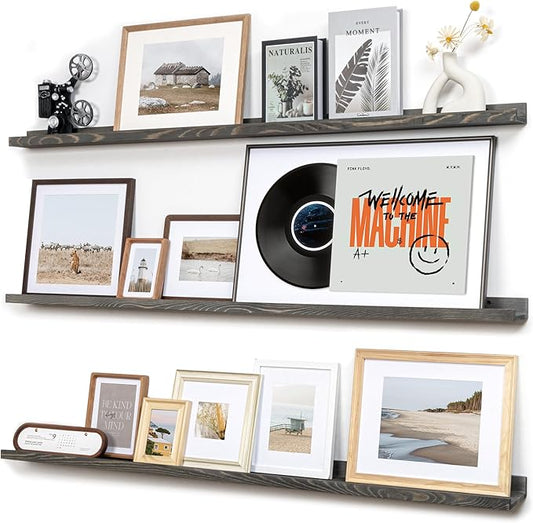 FLYJOE Picture Ledge Wall Shelves 56 Inches Width Set of 3, Solid Pine Wood Rustic Floating Ledge for Kids' Room Bedroom Kitchen Bathroom, Long Floating Shelves for Wall Decor, Grey