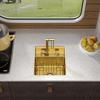 13"x15" Undermount RV Kitchen Sink Workstation – Brushed Gold NANO-PVD, 16 Gauge 304 Stainless Steel, Single Bowl Basin with Foldable Faucet for RV, Camper, Mobile Home, Wet Bar