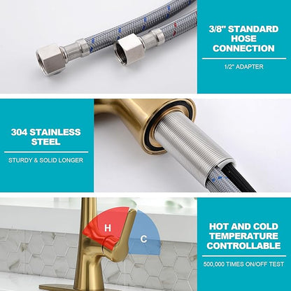 Brushed Gold Kitchen Faucet, Single Handle Gold Kitchen Sink Faucet with Pull Down Sprayer Modern Stainless Steel Brass Kitchen Faucet with Deck Plate Power Clean Spray Head 1 or 3 Hole