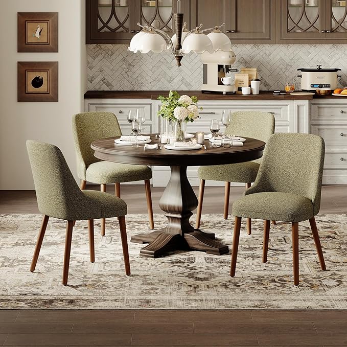 MALOL Dining Room Chair Set of 4, Upholstered Kitchen Chairs with Wood Legs, High-Back Padded Dining Chairs for Dining Room/Restaurant/Cafe, Green