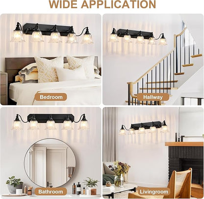 Black Vintage Bathroom Vanity Light Fixture, 5-Light Vanity Light for Bathroom, Antique Matte Black Finish with Crystal Glass Shade, Lighting Fixtures Over Mirror for Bedroom Living Room