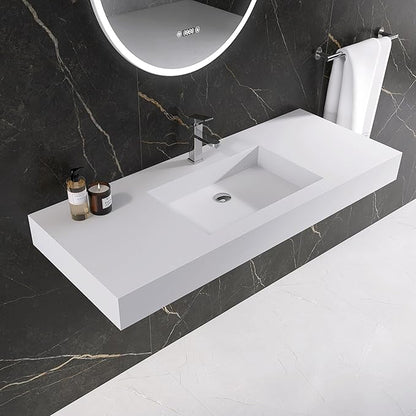 47" Wall Mount Sink Matte Bathroom Vanity Vessel Sinks Artificial Stone Rectanglee Indoor Outdoors Modern Floating or Countertop Freestanding Wall Hang Sink Bowl… (single Holes 47'')…