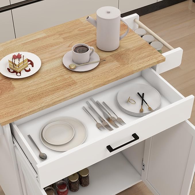 Modern Dining Table Kitchen Island Rolling Trolley Cart with Shelves, Drawer, Doors, Towel Rack & Seasoning Rack - Rubber Wood Table Top for Dining Room,White-MDF-2
