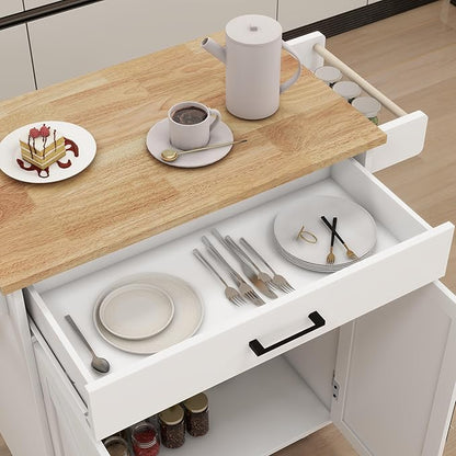 Modern Dining Table Kitchen Island Rolling Trolley Cart with Shelves, Drawer, Doors, Towel Rack & Seasoning Rack - Rubber Wood Table Top for Dining Room,White-MDF-2