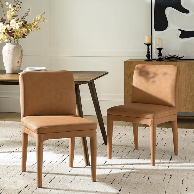 HULALA HOME Morden Dining Chairs Set of 2, Upholstered Faux Leather Kitchen Chairs with Thick Cushion and Solid Wood Frame, Accent Side Chair for Kitchen Dining Living Room Restaurant, Camel