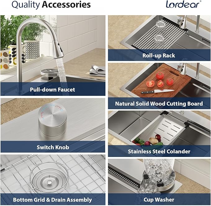 Lordear 33 Drop In Kitchen Sink with Faucet 33x22 Inch Waterfall Kitchen Sinks Topmount Stainless Steel 16 Gauge Single Bowl Workstation Smart Sink
