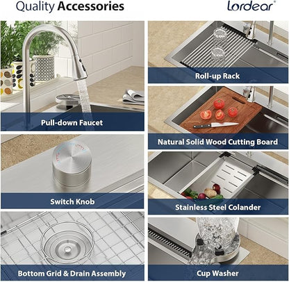 Lordear 33 Drop In Kitchen Sink with Faucet 33x22 Inch Waterfall Kitchen Sinks Topmount Stainless Steel 16 Gauge Single Bowl Workstation Smart Sink