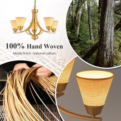 Farmhouse Rattan Chandelier Light Fixture,5-Light Gold Woven Boho Rattan Pendant Light Fixture,Boho Chandelier Lights Ceiling Hanging,Chandeliers for Dining Room,Kitchen Island,Living Room,Bedroom
