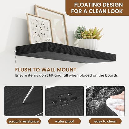 fuqing Floating Shelves for Wall, Wall Mounted Wood Floating Shelf with Invisible Brackets for Living Room, Bathroom, Bedroom, Kitchen Storage and Decor, 20 Inch Set of 2, Black