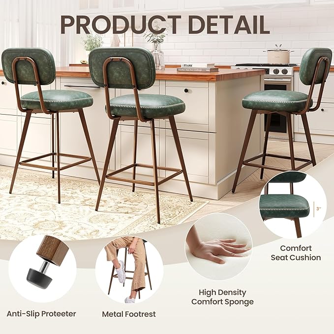MALOL 26“ Swivel Bar Stools Set of 3, Mid Century PU Leather Counter Height Bar Chairs with Low Back and Metal Legs, Modern Bar Stool Chair for Kitchen Island, Green