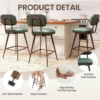 MALOL 26“ Swivel Bar Stools Set of 3, Mid Century PU Leather Counter Height Bar Chairs with Low Back and Metal Legs, Modern Bar Stool Chair for Kitchen Island, Green
