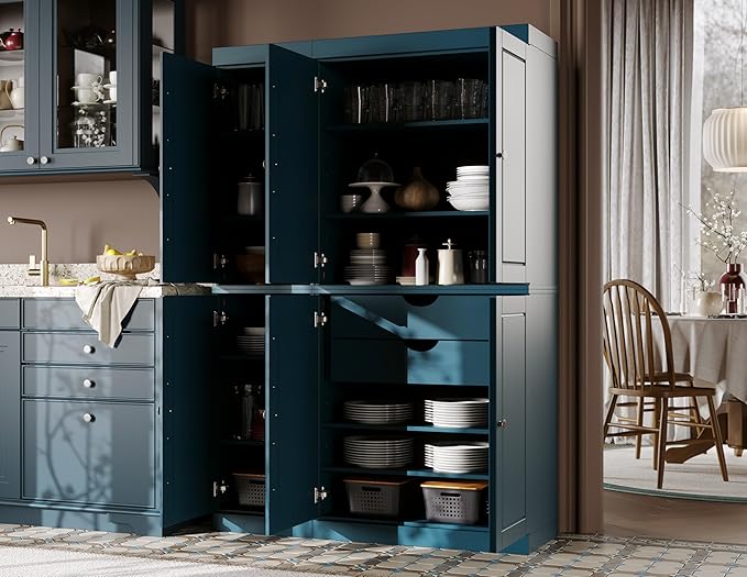 Palace Imports Solid Wood Kitchen Pantry Cabinet - 71.5" H x 48.5" W - Freestanding Storage Pantry w/ 2-Drawer Kit & Adjustable Shelves - Teal Blue, Renewable Eco-Friendly 100% Wood, Made in Brazil