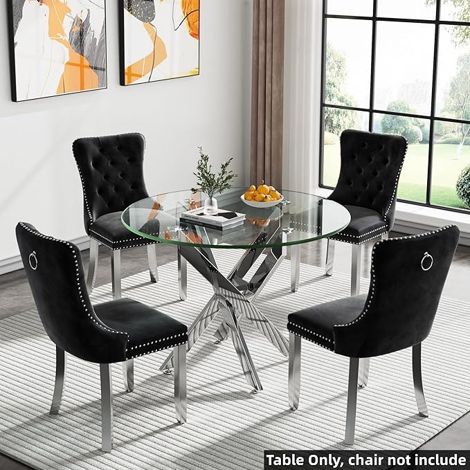 SSLine 35.4" Round Glass Dining Table for 2-4 Modern Circle Glass Tabletop Kitchen Table for 4 Luxury Dinner Tables with Silver Metal Legs for Home Kitchen Dining Room(Table Only)