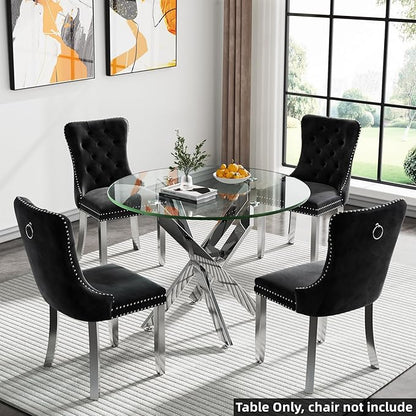 SSLine 35.4" Round Glass Dining Table for 2-4 Modern Circle Glass Tabletop Kitchen Table for 4 Luxury Dinner Tables with Silver Metal Legs for Home Kitchen Dining Room(Table Only)