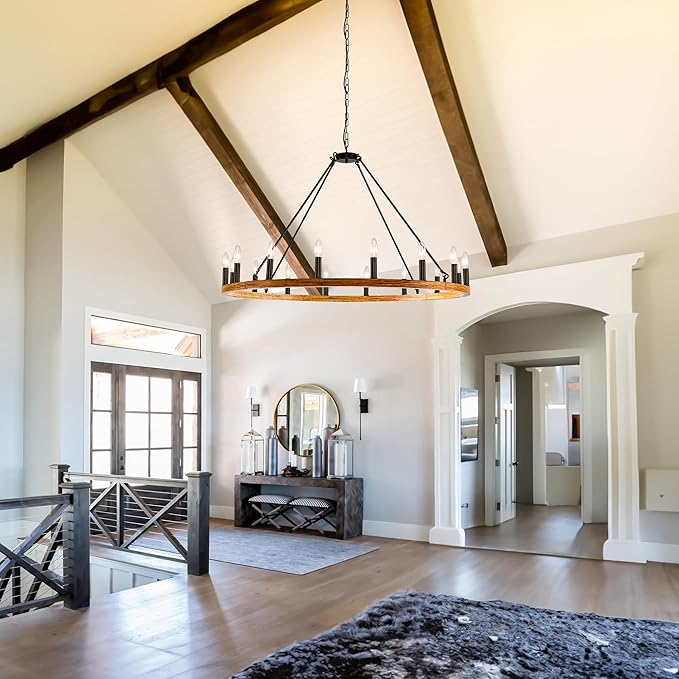 16-Light Wagon Wheel Chandelier Farmhouse, 43 Inch Large Chandeliers for High Ceilings, Modern Rustic Farmhouse Chandelier for Dining Room, Living Room, Entryway, Black&Khaki