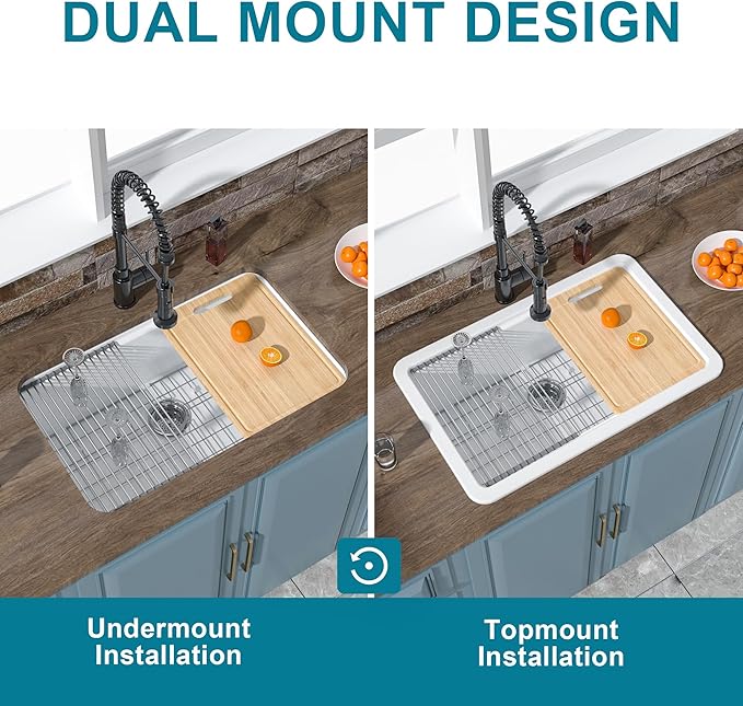 Undermount Workstation Kitchen Sink White 30 x 19 Inch, Fireclay Sink Drop In Single Bowl, Dual Mount Heavy Duty Deep Basin, Included Cutting Board, White, for Kitchen