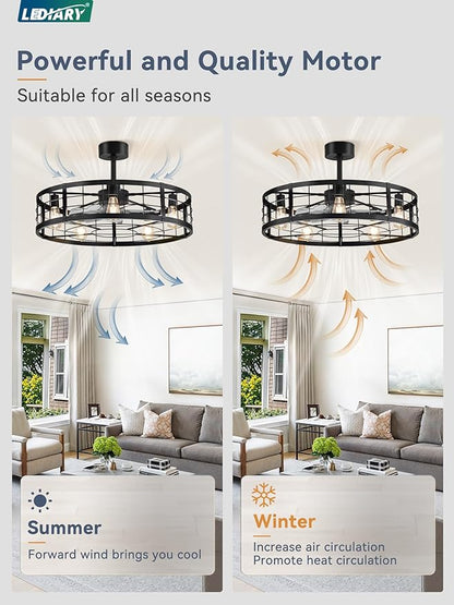 LEDIARY 30 inch Fandelier Caged Ceiling Fan with Light, Bladeless Ceiling Fan with Remote, Farmhouse Fan Lights Ceiling Fixtures for Kitchen, Bedroom, Outdoor(6 Speed, Timing)-Black