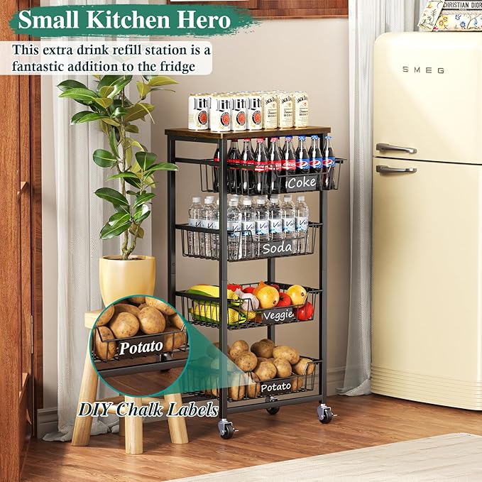 OKZEST Fruit Basket, 5-Tier Utility Kitchen Organizer and Storage Cart with Pull-Out Baskets and Wood Top, Rolling Pantry Kitchen Cart on Wheels for Fruit Potato Onion Vegetable Snack Produce