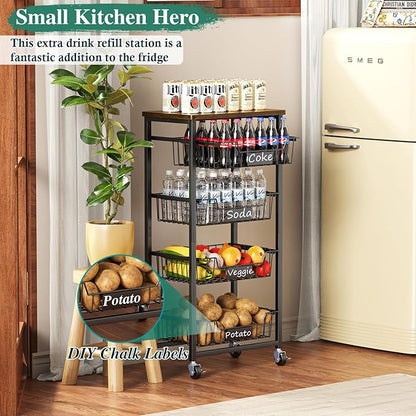 OKZEST Fruit Basket, 5-Tier Utility Kitchen Organizer and Storage Cart with Pull-Out Baskets and Wood Top, Rolling Pantry Kitchen Cart on Wheels for Fruit Potato Onion Vegetable Snack Produce