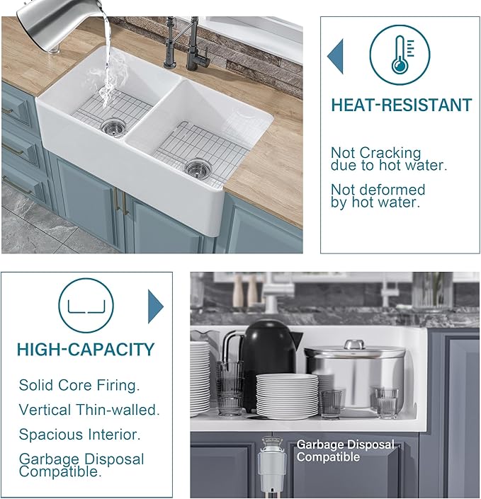 Double Bowl Farmhouse Sink White 33 x 18 Inch, Firecaly Apron Front Undermount Farm Sink Reversible(Sleek & Fluted Optional), Heavy-duty Dual Basin 50/50, for Kitchen