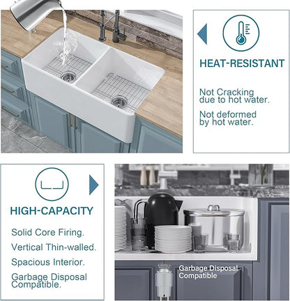 Double Bowl Farmhouse Sink White 33 x 18 Inch, Firecaly Apron Front Undermount Farm Sink Reversible(Sleek & Fluted Optional), Heavy-duty Dual Basin 50/50, for Kitchen