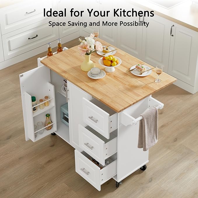 Modern Dining Table Expandable Kitchen Island with Drop Countertop Cabinet Tower Rack Rolling Cart Wheels Wood Console,White