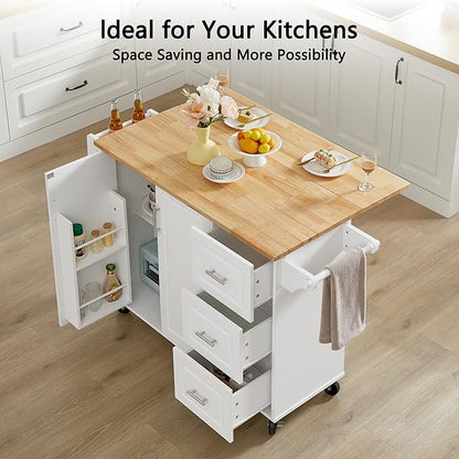 Modern Dining Table Expandable Kitchen Island Cart with Drop Countertop Cabinet Tower Rack Wheels Wood Console Luxury Decor,White