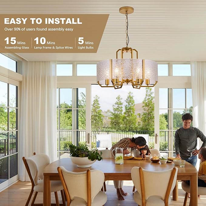 COCOSTAR Modern Glass Drum Chandeliers for Dining Room,6 Lights Farmhouse Crystal Chandelier,24" Vintage Foyer Lighting Fixtures,Gold Pendant Lights for Kitchen Island,Bedroom,Living Room