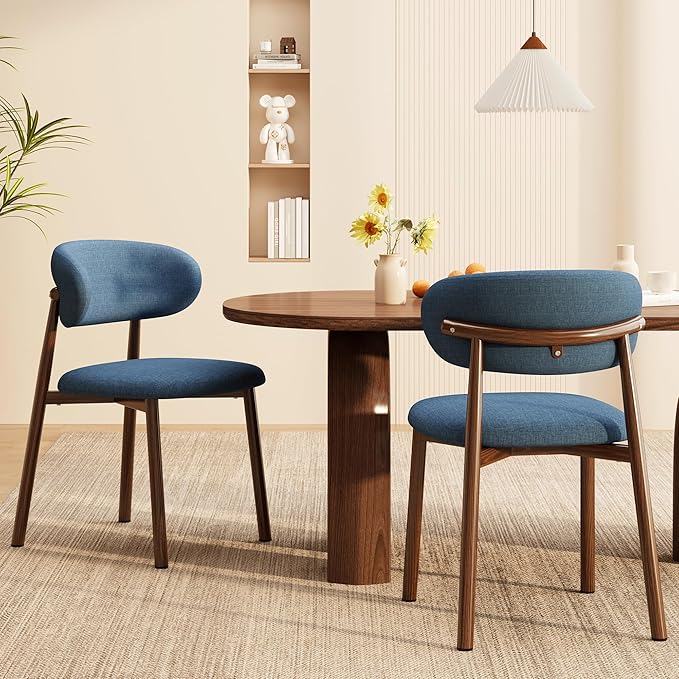 Kitchen Dining Chairs Set of 2 Modern Soft Linen Farmhouse Dining Room Chair, Blue/Walnut