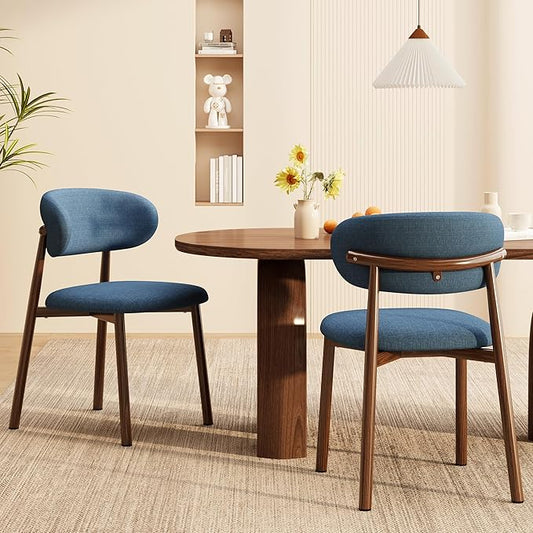 Kitchen Dining Chairs Set of 2 Modern Soft Linen Farmhouse Dining Room Chair, Blue/Walnut