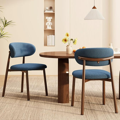 Kitchen Dining Chairs Set of 4 Modern Soft Linen Farmhouse Dining Room Chair with Metal Legs, Blue/Walnut