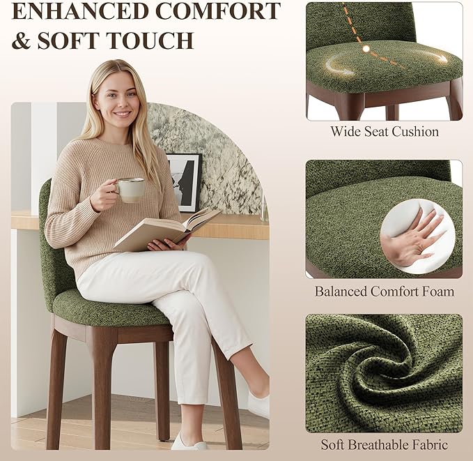 MALOL Wooden Dining Chairs Set of 6, Upholstered Kitchen & Dining Room Chairs with Thickened Wooden Legs, Farmhouse Side Chairs, Green