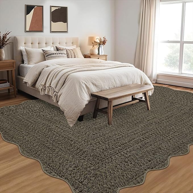 Imitation Braided Collection-Print Scalloped Area Rug 5x7 Washable Rug with Non Slip Rubber Backing Non Shedding Farmhouse Floor Cover, Ultra-Thin Foldable Carpet for Bedroom, Living Room
