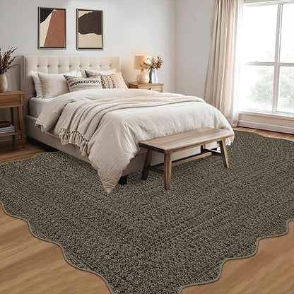 Imitation Braided Collection-Print Scalloped Area Rug 5x7 Washable Rug with Non Slip Rubber Backing Non Shedding Farmhouse Floor Cover, Ultra-Thin Foldable Carpet for Bedroom, Living Room