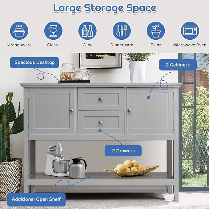 Byroce Farmhouse Coffee Bar Cabinet, Wood Kitchen Island with 2 Cabinets, Storage Drawers & Open Shelf, Buffet Sideboard Console Table for Home Living Room, Kitchen, Dining Room (Grey)