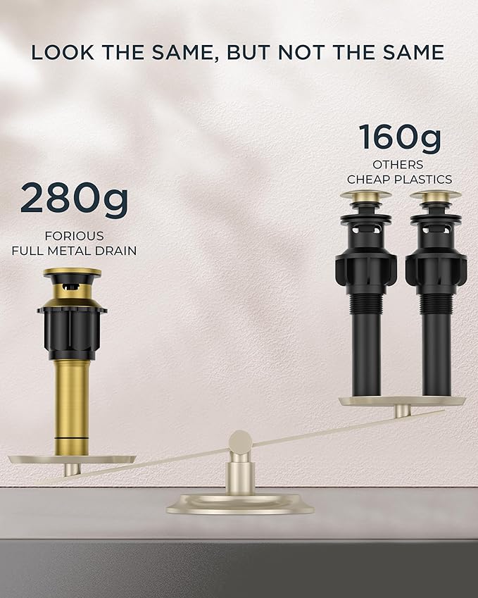FORIOUS Waterfall Brushed Gold Bathroom Faucet 3 Hole Vanity, Two Handle Brass Gold Faucet for Bathroom Sink Widespread 8 Inch with Metal Pop-up Drain and CUPC Pre-Assembled Hose