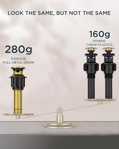 FORIOUS Waterfall Brushed Gold Bathroom Faucet 3 Hole Vanity, Two Handle Brass Gold Faucet for Bathroom Sink Widespread 8 Inch with Metal Pop-up Drain and CUPC Pre-Assembled Hose