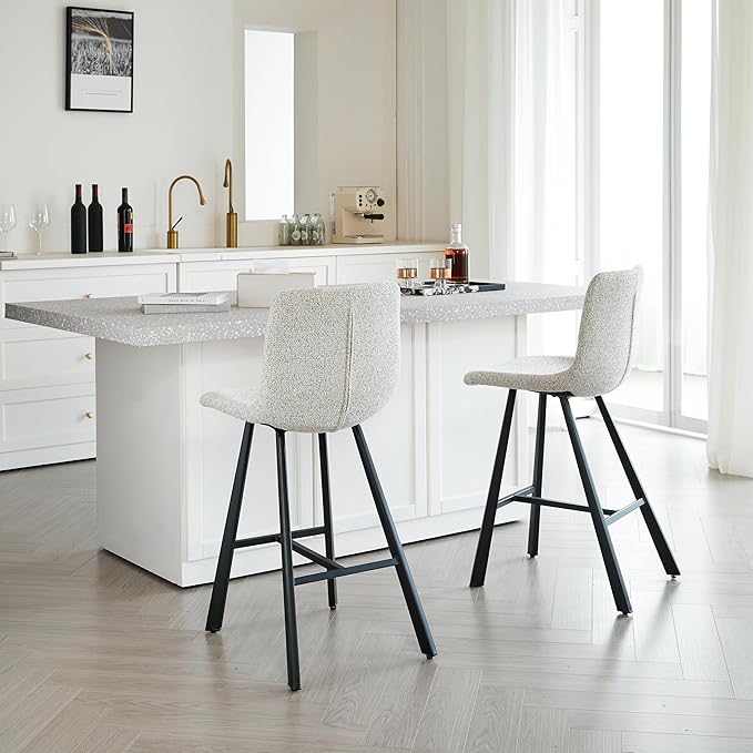 Textured Light Gray Fabric Bar Stool Upholstered Counter Height Chair with Sturdy Black Metal Legs for Kitchen Island, Home Bar, Dining Room (Single),2 Sets