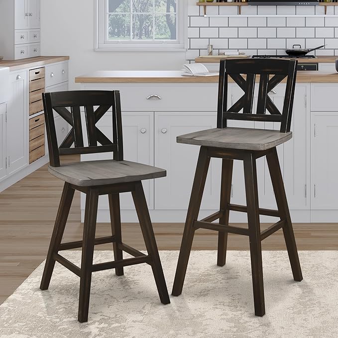 Amsonia Collection Counter Height Swivel Chairs Set of 2, Black Gray, Solid Rubberwood Dining Chairs for Kitchen Island Bar