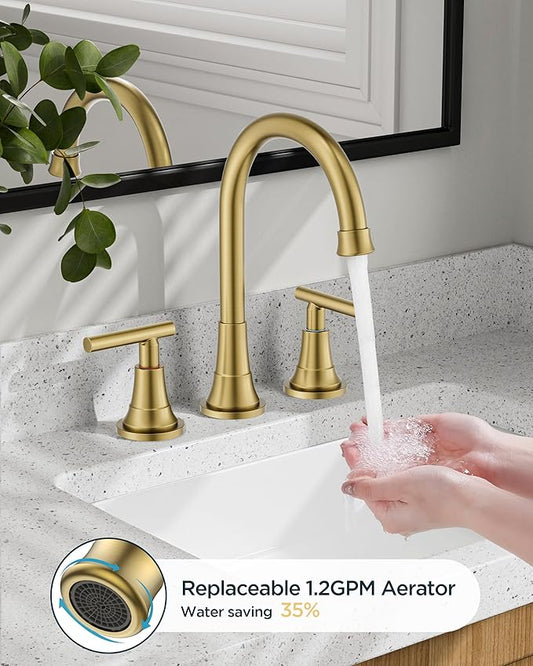 FORIOUS Gold Bathroom facuet 3 Hole, 8 inch Brushed Gold Bathroom Sink Faucet Widespread with 360° Swivel Spout and Spare Water-Saving Aerator and Drain, 3 Piece Vanity Tap for Restroom Upgrade