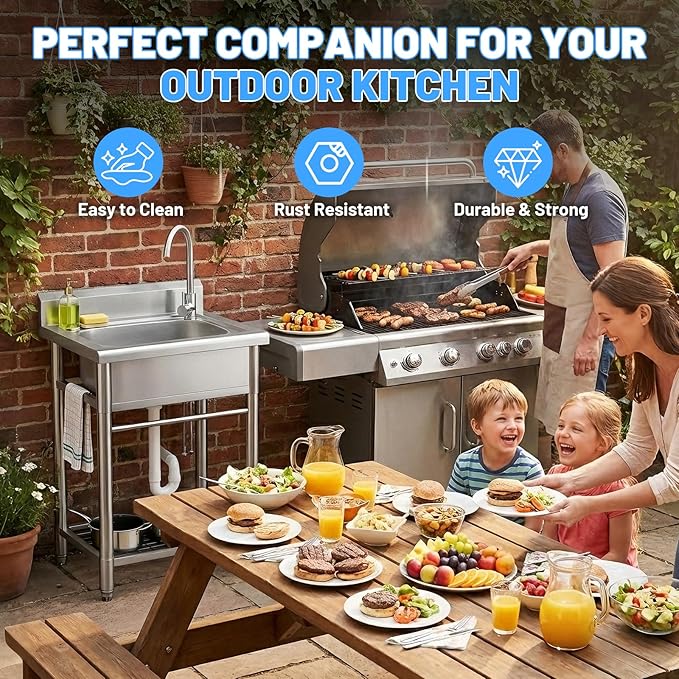 Utility Sink Free Standing Single Bowl Kitchen Sink with Cold and Hot Water Pipe Stainless Steel Sink for Garage Shop Laundry Room Farmhouse Mens Gifts Ourdoor Indoor
