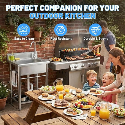 Utility Sink Free Standing Single Bowl Kitchen Sink with Cold and Hot Water Pipe Stainless Steel Sink for Garage Shop Laundry Room Farmhouse Mens Gifts Ourdoor Indoor